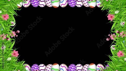 Bright painted eggs and lush spring grass surround the dark central region. Beautiful pink wild blossoms add a fresh touch to the nature borders.