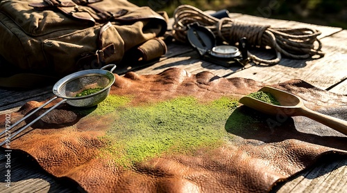 Sifting Green Powder on Rustic Brown Leather with Vintage Adventure Gear on Wooden Table