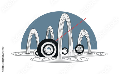 Black and white close-up of water ripples with reeds emerging, bold green circle partially cropped like a conservation badge, thin horizontal linear accents