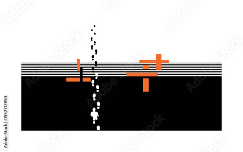 Monochrome top-down view of footsteps leading away from a small figure, intersected by bold orange geometric blocks and thin horizontal rhythm lines expressing
