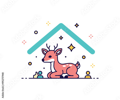 Orphaned animal care baby deer silhouette sheltered under a protective roof shape with gentle star accents. A tender concept illustration about safe spaces and