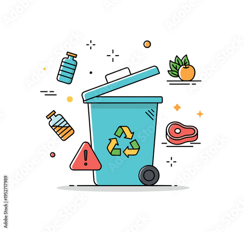 Avoiding common composting mistakes shown as a compost bin with a small warning symbol near inappropriate items like plastic and meat icons, expressing mindful