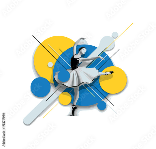 Black and white porcelain ballerina figurine mid-spin, combined with overlapping yellow and blue circles and subtle diagonal lines suggesting grace and motion,