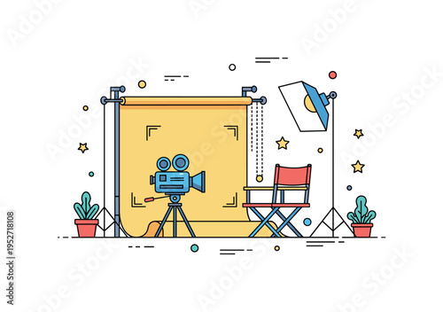 Studio filming environment shown through a simple backdrop frame with camera and director chair nearby, conveying structured production space and organized
