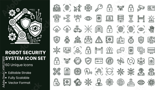Robot security system line icon set with surveillance automation sensors cybersecurity and smart monitoring technology symbols