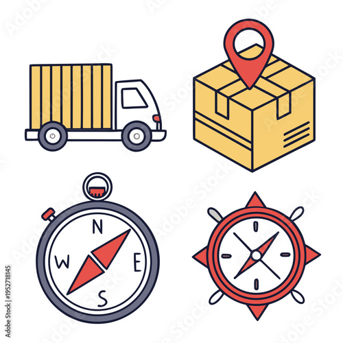 Set of logistics icons featuring a delivery truck, a package with a map pin, a compass for navigation, and a stylized compass rose graphic