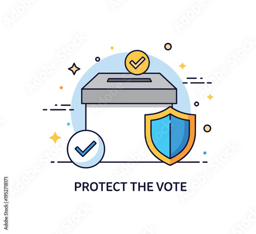Free and fair elections concept featuring a ballot box paired with a simple shield icon and checkmark. A compact ?Protect the Vote? caption communicates