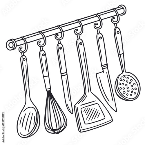 Collection of various kitchen utensils hanging on a rail, featuring a spoon, whisk, knife, spatula, and skimmer essential for culinary tasks