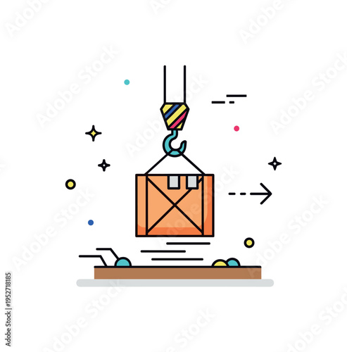 Construction logistics moment showing a crane hook hoisting a shipping crate above ground. A minimal arrow icon and tiny star details symbolize delivery,