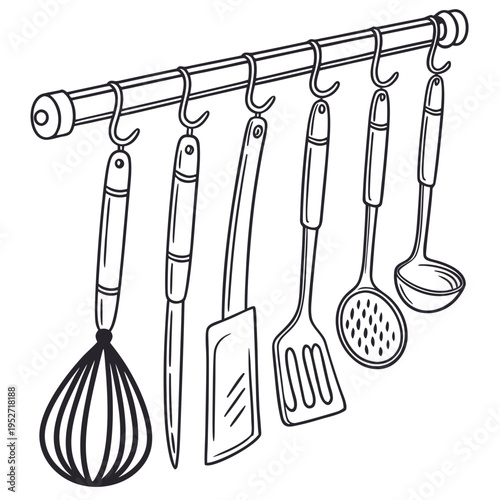 Assortment of kitchen utensils on hanging rack, includes whisk knife spatula ladle and skimmer for food preparation and cooking