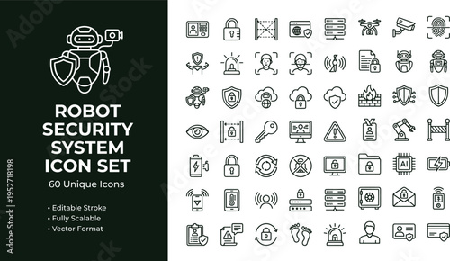 Robot security system line icon set with surveillance monitoring automation sensors and smart protection technology symbols