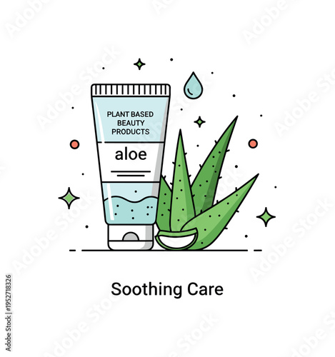 Plant based beauty products aloe skincare theme shown as a gel tube paired with a stylized aloe leaf, expressing soothing hydration and plant powered wellness.