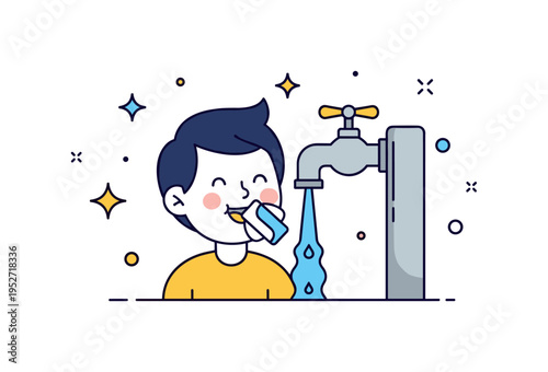 Child drinking water from a safe, clean faucet while smiling, emphasizing well-being, hygiene, and the importance of accessible drinking water. Minimalist flat