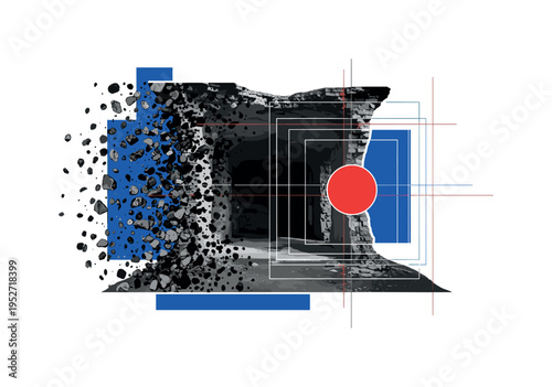 Black and white fragmented ruin of an underground chamber transforming into abstract geometric shapes on one side, vivid red circle marking focal exploration