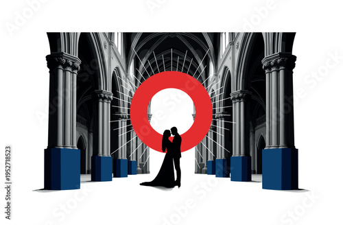 monochrome silhouette of couple standing inside grand castle hall with high arches, oversized red circular halo behind them and deep blue rectangular blocks