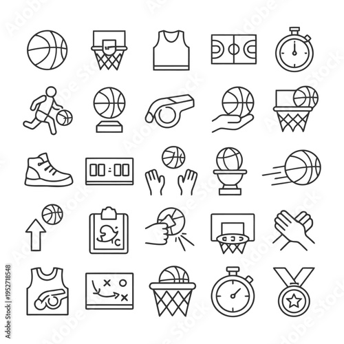 Basketball icons set featuring court elements and sports equipment.