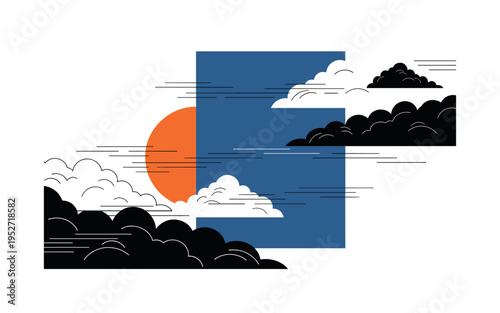 Black and white clouds forming abstract wave-like patterns, large deep blue rectangle behind intersected by bright orange semicircle, thin black linear accents