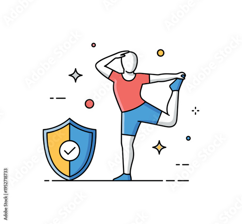 Sports recovery and injury prevention athlete silhouette stretching a leg beside a small shield icon with a checkmark, symbolizing proactive care and