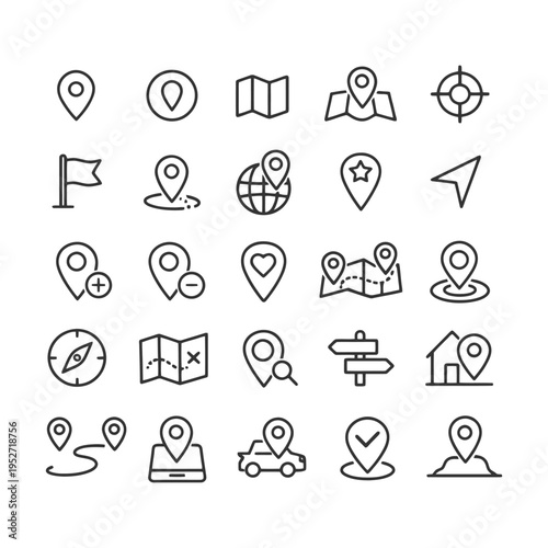 Various location and navigation icons including maps and pins.