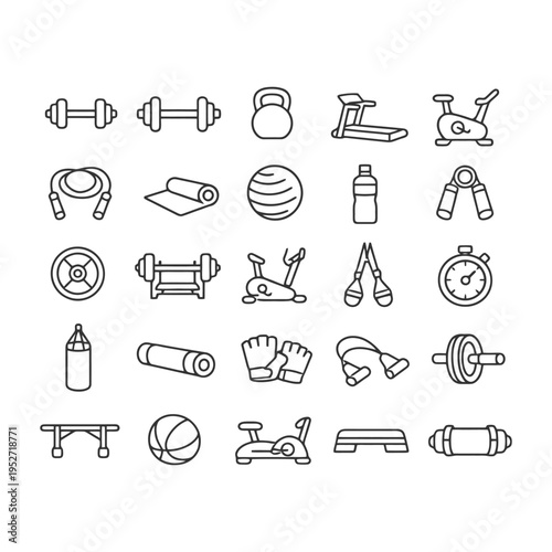 Outline icons of gym equipment for fitness and exercise.