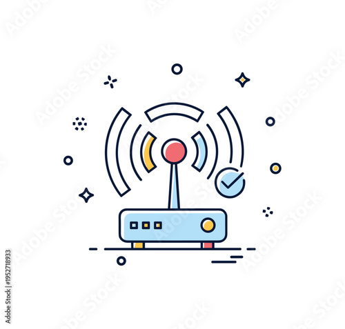 WiFi connection concept featuring a central router icon emitting smooth curved signal waves with a small checkmark accent, expressing stable internet access