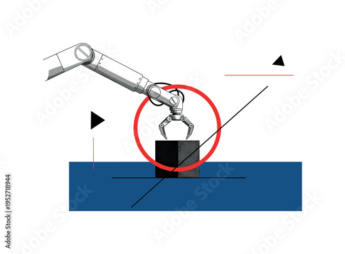 Black and white robotic arm extended diagonally placing a box, bold red circular frame intersecting the mechanical joint, deep blue rectangular block grounding