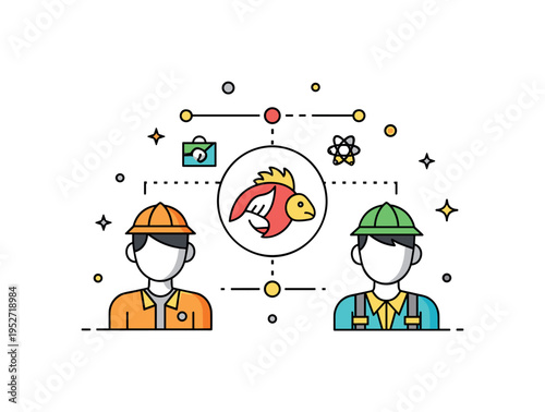 Wildlife conservation teamwork concept built around two simplified researcher silhouettes connected by subtle data lines and a central endangered species icon,