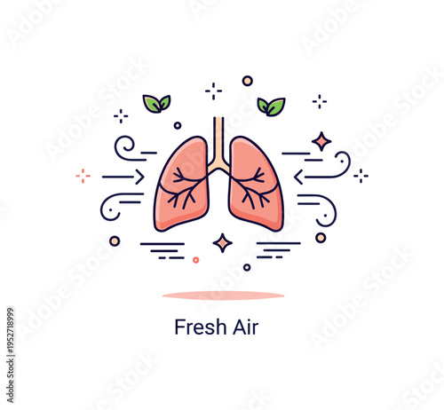Breathable air quality theme centered on a pair of simple lungs surrounded by clean airflow lines and tiny leaf accents. A short ?Fresh Air? caption highlights