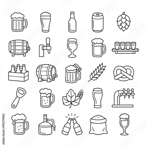 Beer icons set: glasses, bottles, barrels, hops, wheat, pretzel.