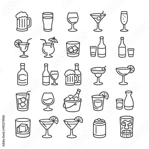 Outline icons of various alcoholic beverages including cocktails and beer.