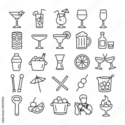 Cocktail line icons set: glassware, garnishes, tools and bartender.