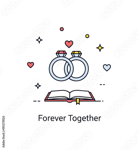 Wedding vows romantic ceremony moment with two simple ring silhouettes gently overlapping at the center and a small open book beneath, symbolizing promises and