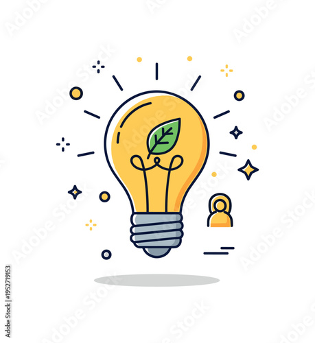 Energy conservation campaign depicted by a lightbulb with a small leaf integrated into its filament, symbolizing efficient usage and environmental awareness.