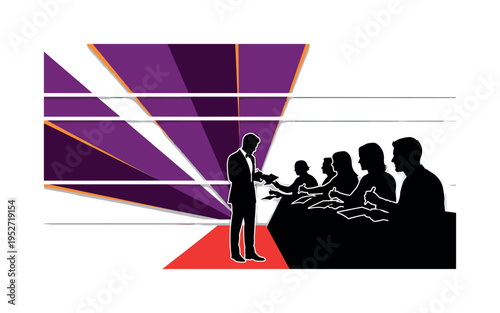 A monochrome red carpet scene simplified into silhouettes, central celebrity figure signing for fans, bold geometric arcs forming a spotlight effect, thin