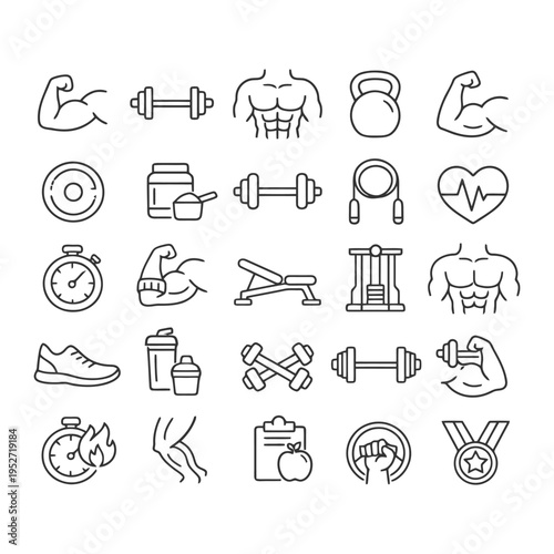 Health and fitness icon set featuring dumbbells, muscles, and nutrition symbols.