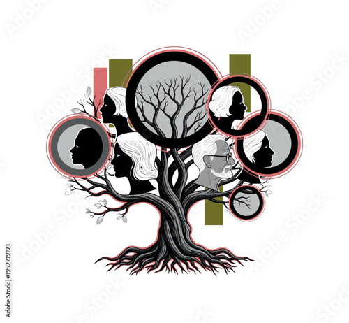 A realistic monochrome tree with roots and branches morphing into subtle human profiles, bold circular shapes representing generational cycles, abstract