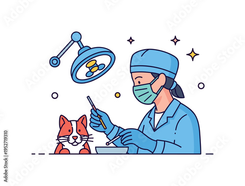 Surgical procedure for pets illustrated by a focused veterinarian silhouette with surgical mask and a small operating lamp icon above, expressing precision and