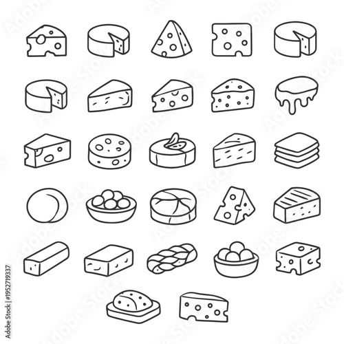 Vector icons collection of various cheese types in line art style.