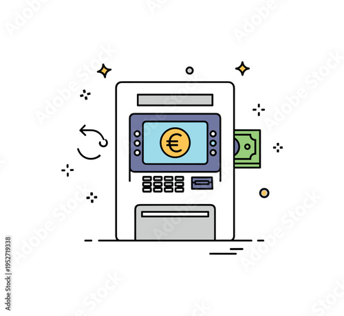 ATM withdrawal abroad illustrated by a simple machine with a foreign currency symbol displayed on screen. A tiny exchange arrow and subtle sparkle details