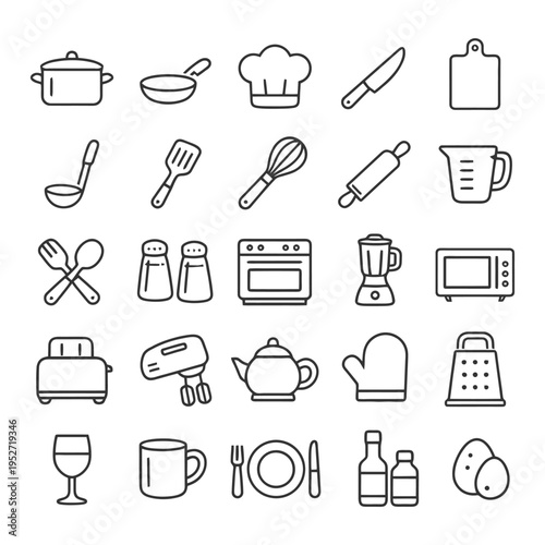 Kitchen utensils and appliances outline icons set.