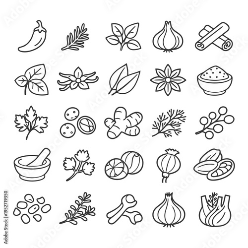 Collection of herb and spice icons featuring ginger, garlic, cinnamon, and more.