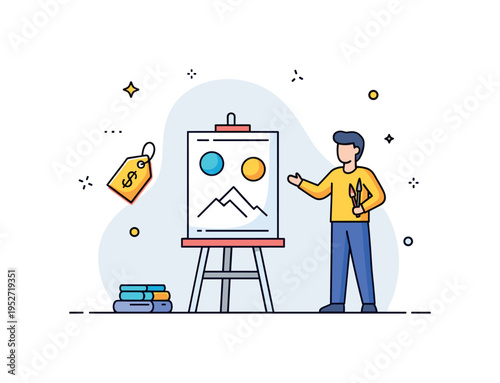 Gallery exhibition moment illustrated by a confident artist figure gesturing toward a displayed canvas on an easel, while a small price tag icon suggests