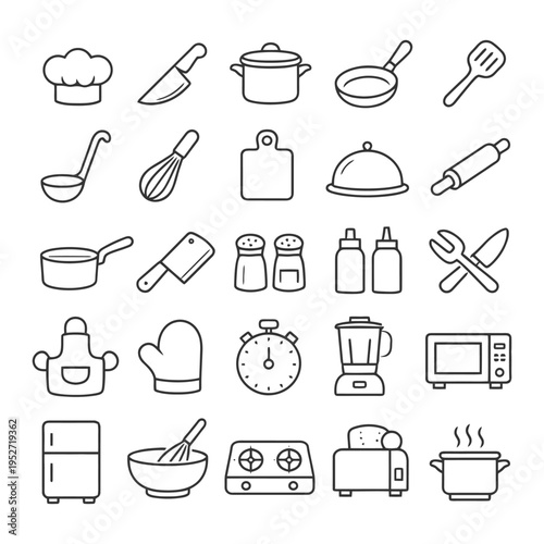 Line art kitchen utensils and appliances collection.