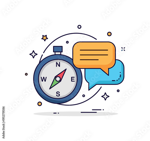 Coaching philosophy guiding compass and speech bubble forming a unified symbol of direction and supportive dialogue. A confident visual metaphor of leadership