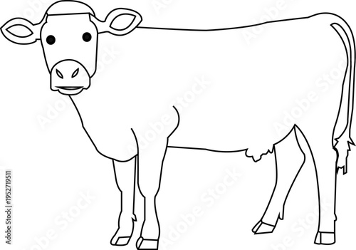 Simple black and white line art vector illustration of a standing cow, ideal for farm animal themes, coloring books, or educational content.