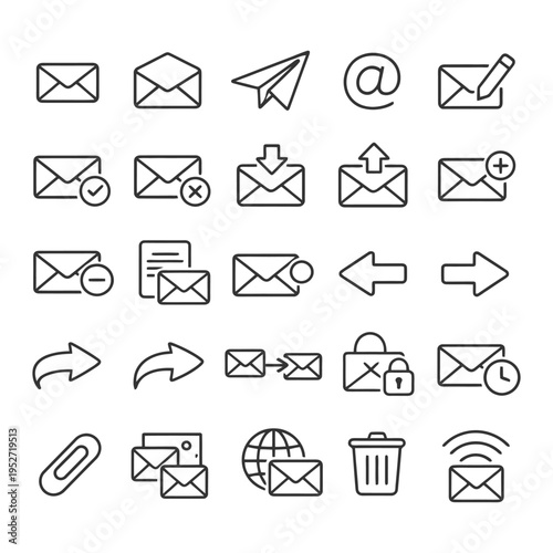 Email icon set with envelopes, arrows, and security symbols.