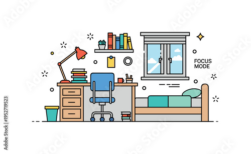 Compact student dorm interior featuring a tidy desk with stacked books and a single chair beside a narrow bed. A small ?Focus Mode? text detail reinforces