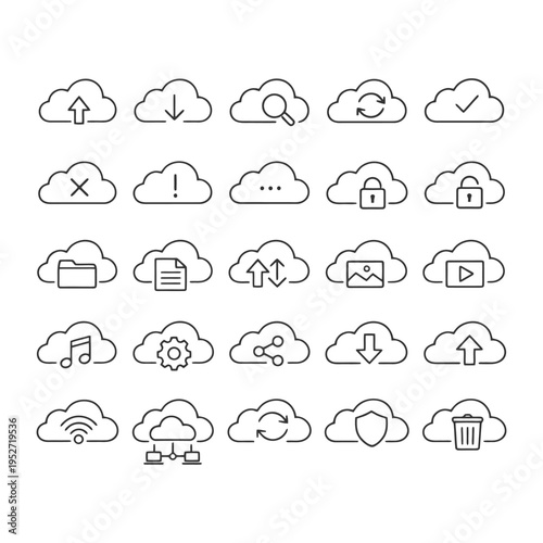 Cloud computing icons set with upload download sync search and more.