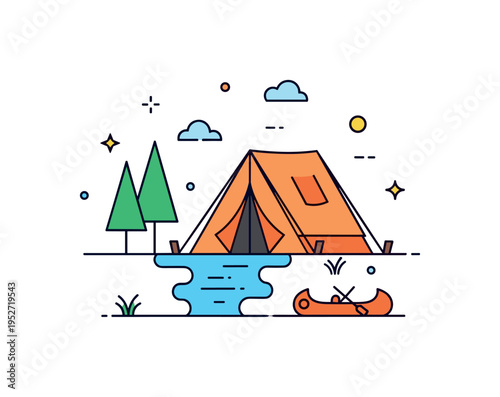 Lakeside camping retreat illustrated by a tent placed near a simple shoreline with reflection detail and a small canoe icon, expressing calm nature moments and