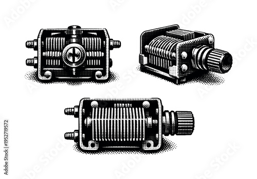 Radio tuning capacitor. Black and white dot style with halftone texture and high contrast. Halftone texture with partial solid black fills smoothly